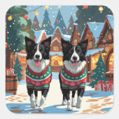 Border Collie Dogs Christmas Snow Holiday スクエアシール (正面)