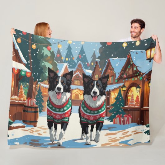 Border Collie Dogs Christmas Snow Holiday フリースブランケット (インサイチュ)