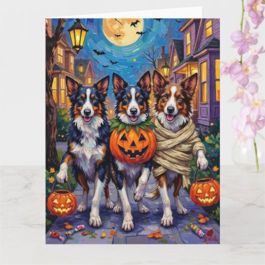 Border Collie Dogs Trick-or-Treating in Halloween カード (蘭)