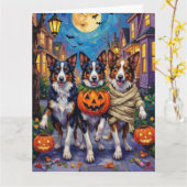 Border Collie Dogs Trick-or-Treating in Halloween  カード (黄色い花)