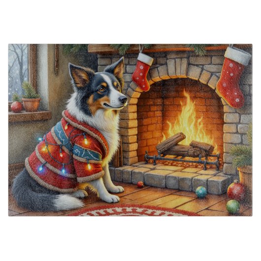 Border Collie Fireplace with Christmas Lights カッティングボード (正面)