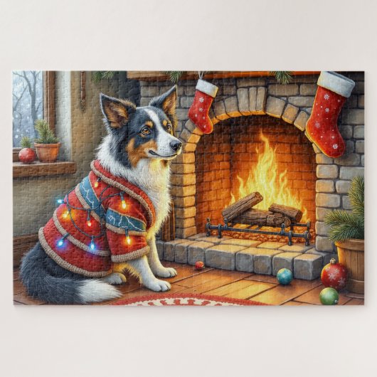 Border Collie Fireplace with Christmas Lights ジグソーパズル (横)