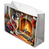 Border Collie Fireplace with Christmas Lights ラージペーパーバッグ (裏面アングル)