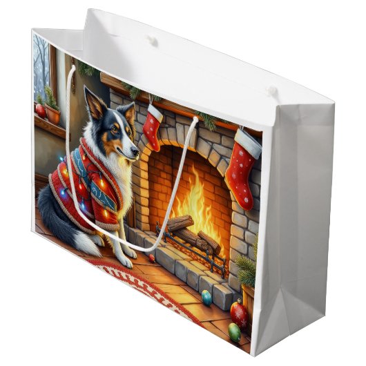 Border Collie Fireplace with Christmas Lights ラージペーパーバッグ (正面アングル)