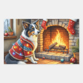 Border Collie Fireplace with Christmas Lights 長方形シール (正面)