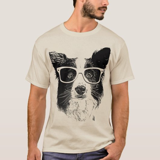 Border Collie glasses hipster Dog Tシャツ (正面)