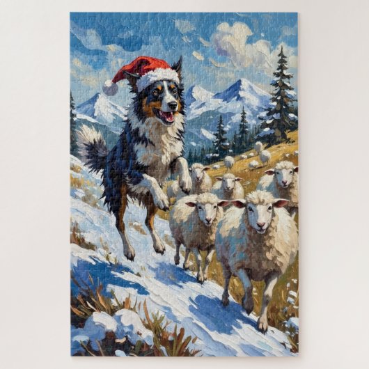 Border Collie Herding Christmas Snowballs Hat ジグソーパズル (縦)