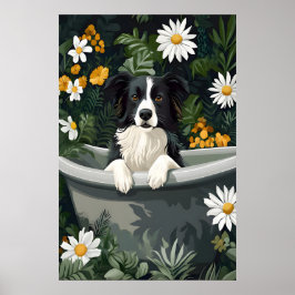 Border Collie In Bathtub Poster, Funny Dog Poster ポスター
