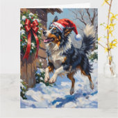 Border Collie Mid-Air Christmas Bow Catch Hat カード (黄色い花)