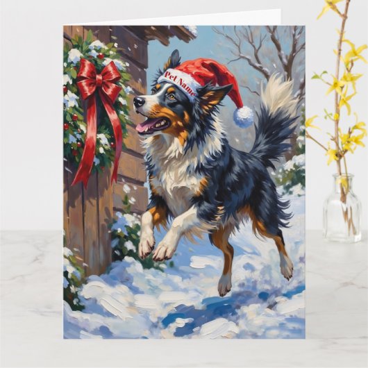 Border Collie Mid-Air Christmas Bow Catch Hat カード (黄色い花)