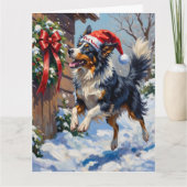 Border Collie Mid-Air Christmas Bow Catch Hat カード (正面)