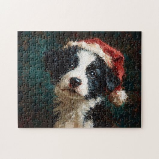 Border Collie Puppy Christmas Portrait ジグソーパズル (横)