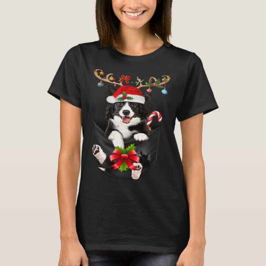 Border Collie Reindder In Pocket Christmas Dog  PJ Tシャツ (正面)