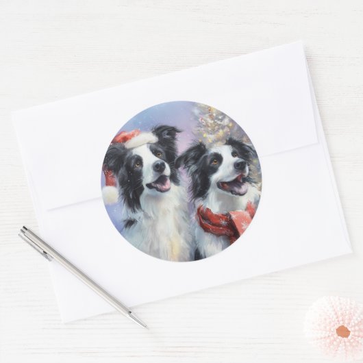 Border Collie Round Christmas Sticker ラウンドシール (封筒)