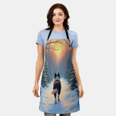 Border Collie Snowy Forest Walk Holiday Painting エプロン (着用した状態)