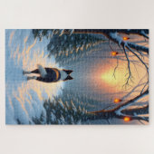 Border Collie Snowy Forest Walk Holiday Painting ジグソーパズル (横)