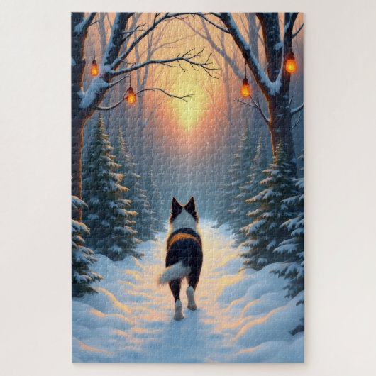 Border Collie Snowy Forest Walk Holiday Painting ジグソーパズル (縦)
