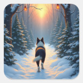 Border Collie Snowy Forest Walk Holiday Painting スクエアシール (正面)