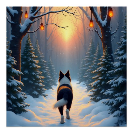 Border Collie Snowy Forest Walk Holiday Painting ポスター (正面)