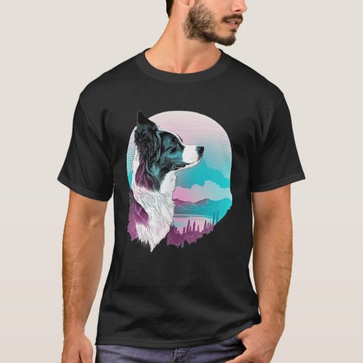 Border Collie Vaporwave Retrowave Aesthetic Tシャツ (正面)