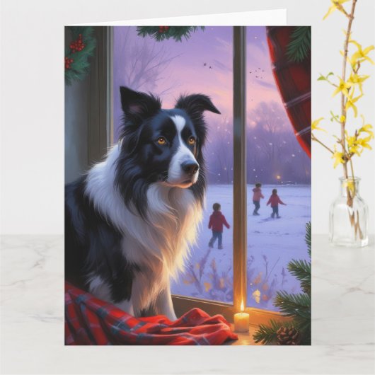 Border Collie With Christmas Lights Holiday カード (黄色い花)