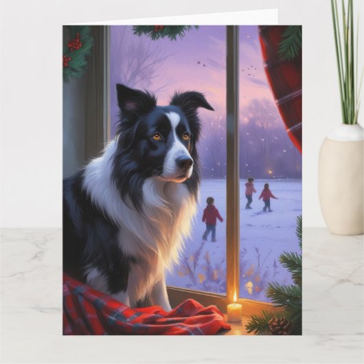 Border Collie With Christmas Lights Holiday カード (正面)