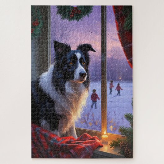 Border Collie With Christmas Lights Holiday ジグソーパズル (縦)