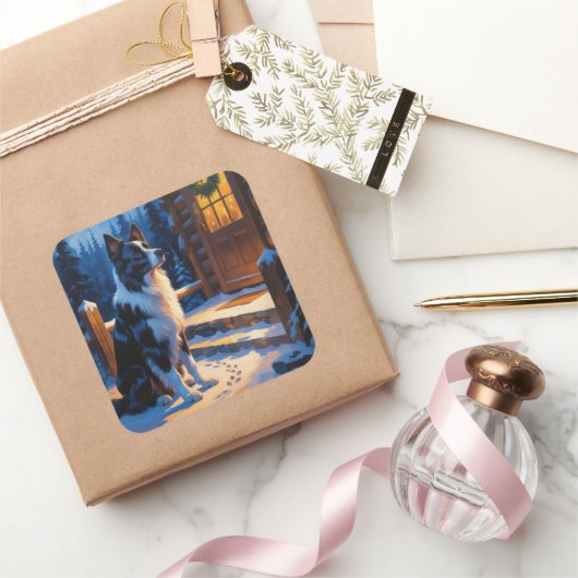 Border Collie With Christmas Lights Holiday スクエアシール (ギフト)