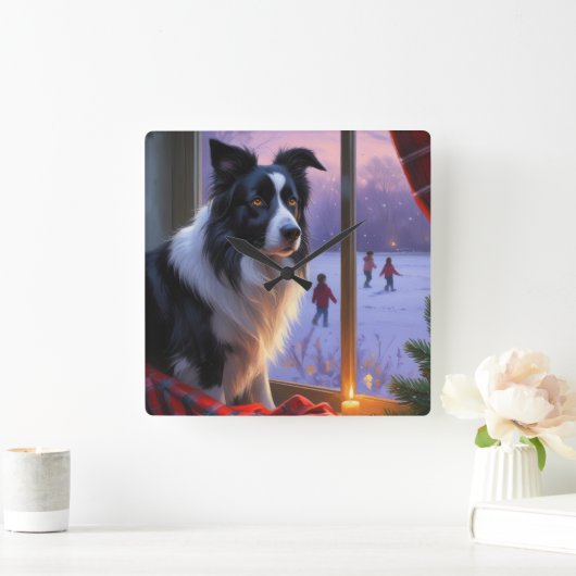 Border Collie With Christmas Lights Holiday スクエア壁時計 (ホーム)