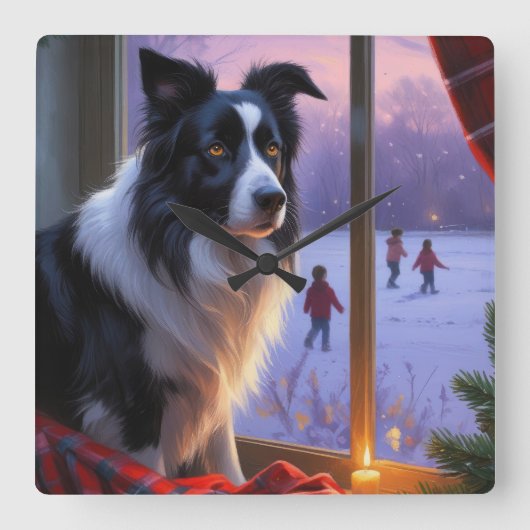 Border Collie With Christmas Lights Holiday スクエア壁時計 (正面)