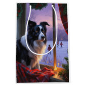Border Collie With Christmas Lights Holiday ミディアムペーパーバッグ (正面)