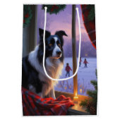 Border Collie With Christmas Lights Holiday ミディアムペーパーバッグ (裏面)