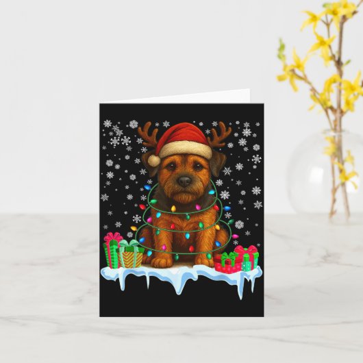 Border Terrier Christmas Santa Hat Reindeer Pajama カード (黄色い花)