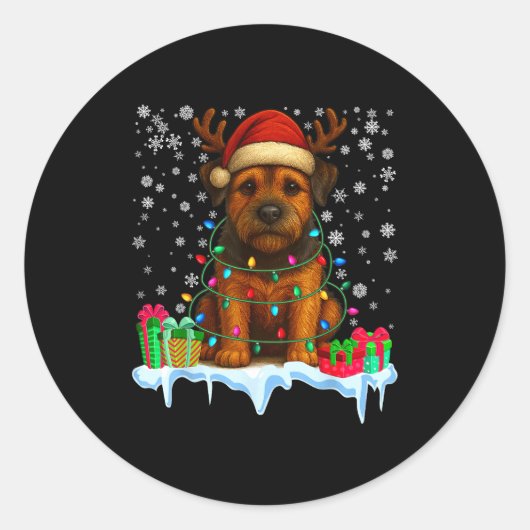 Border Terrier Christmas Santa Hat Reindeer Pajama ラウンドシール (正面)