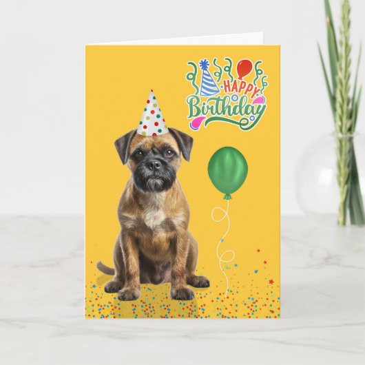 Border Terrier Dog Party Hat Yellow Birthday カード (正面)