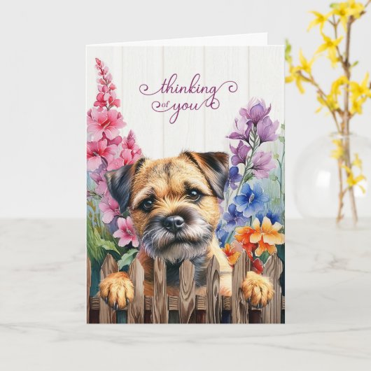 Border Terrier Dog with Gladiolus Thinking of You カード (黄色い花)