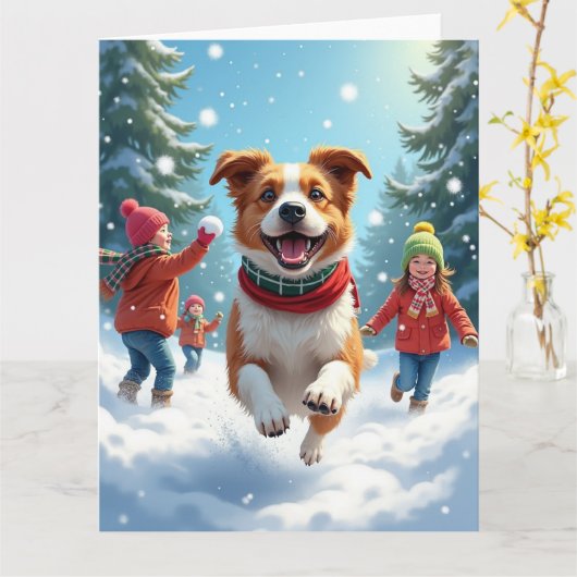 Border Terrier Snowball Fight Christmas Painting カード (黄色い花)