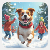 Border Terrier Snowball Fight Christmas Painting スクエアシール (正面)