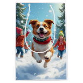 Border Terrier Snowball Fight Christmas Painting ミディアムペーパーバッグ (正面)