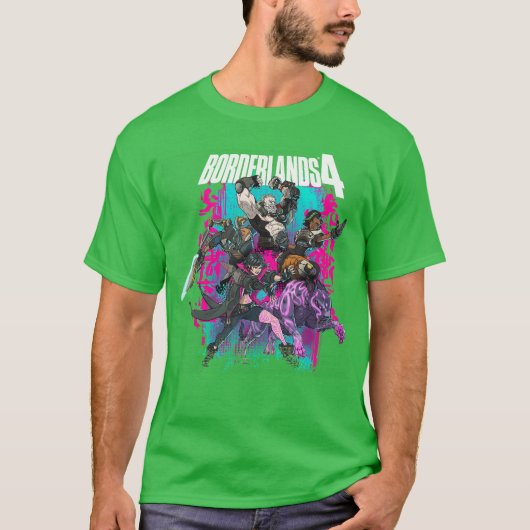 Borderlands 4 カラフルなヒーローコラージュ落書きビデオ tシャツ (正面)