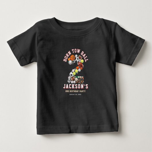 Born 2 Ball Sport Themed Boy 2nd Birthday Party ベビーTシャツ (正面)