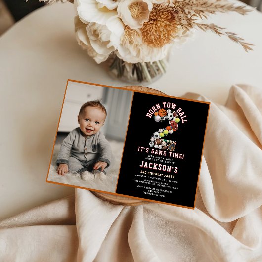 Born 2 Ball Sport Themed Boy 2nd Birthday Party 招待状