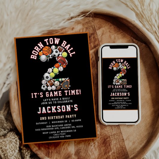 Born 2 Ball Sport Themed Boy 2nd Birthday Party 招待状