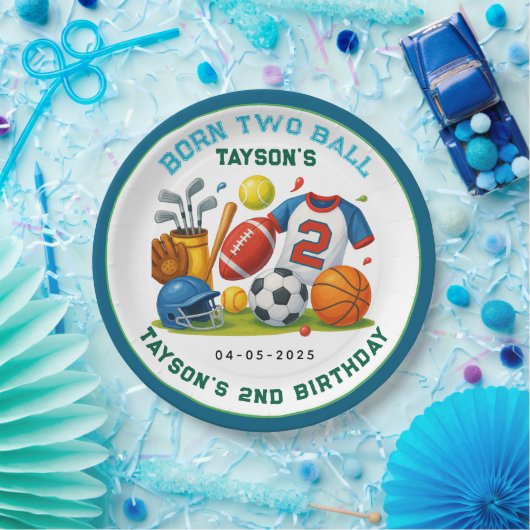Born 2 Ball Sports Theme Boy’s 2nd Birthday Party ペーパープレート (パーティー)
