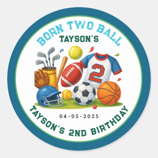 Born 2 Ball Sports Theme Boy’s 2nd Birthday Party ラウンドシール (正面)