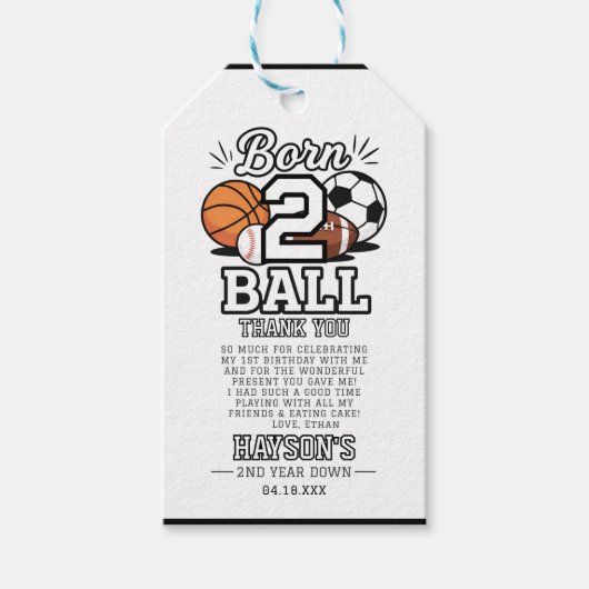 Born 2 Ball Sports Themed Boy 2nd Birthday Party ギフトタグ (正面)