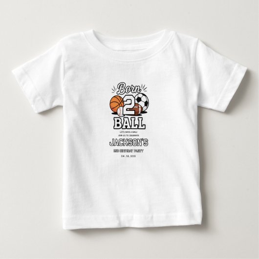Born 2 Ball Sports Themed Boy 2nd Birthday Party ベビーTシャツ (正面)