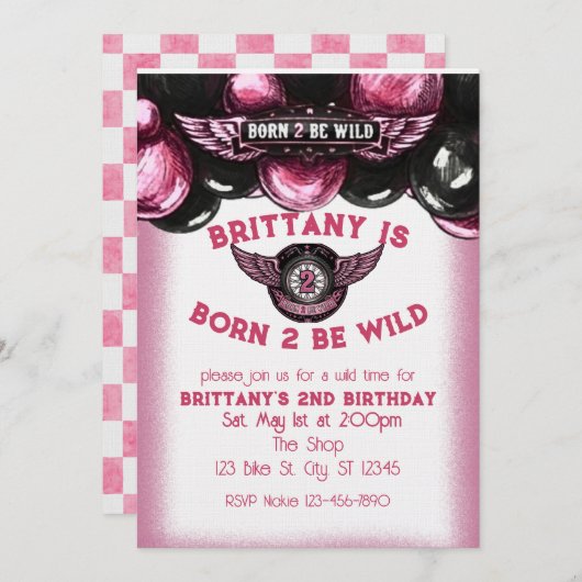 Born 2 Be Wild Pink, Black Motorcycle 2nd Birthday 招待状 (正面/裏面)