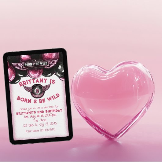 Born 2 Be Wild Pink, Black Motorcycle 2nd Birthday 招待状