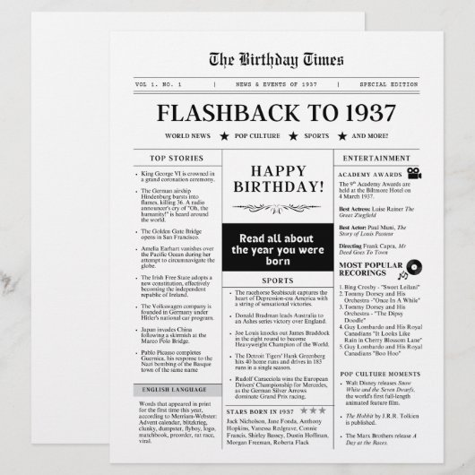 Born in 1937 Fun Newspaper black and white (正面/裏面)